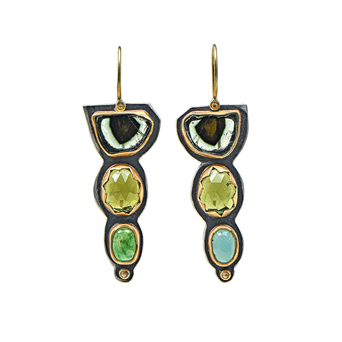 Tourmaline, Peridot, Chrysoprase and Peruvian Opal Earrings - Sterling Silver + 22k Gold + 18k Gold