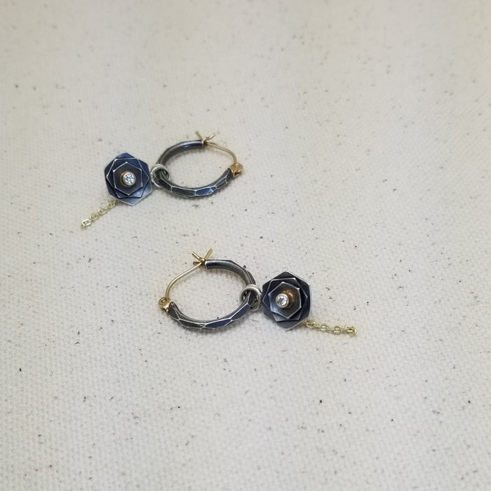 Hoop Earrings With Diamond Flower Charms, 14K Gold & Sterling Silver