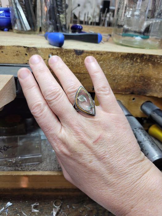 Pyrite in quartz ring in sterling and 22k gold, size 9