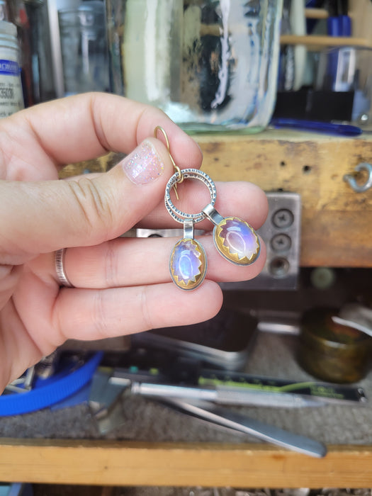 Blue Moonstone Earrings in Sterling & Gold