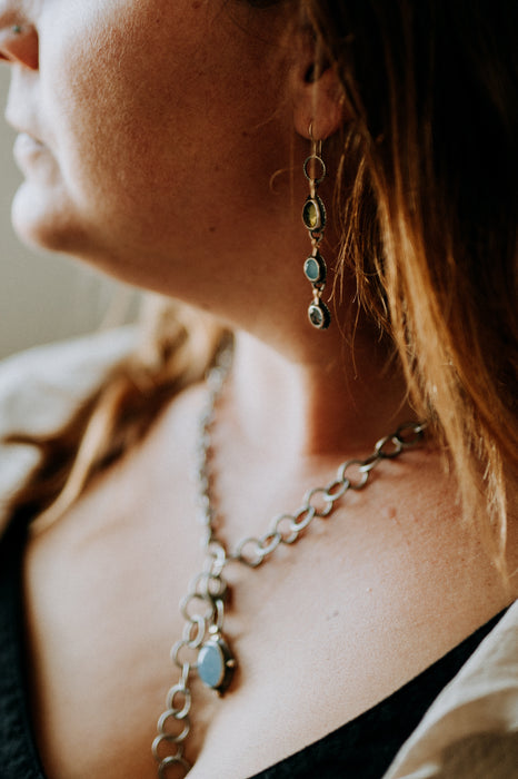 Three stone earrings peridot, Peruvian opal and aquamarine