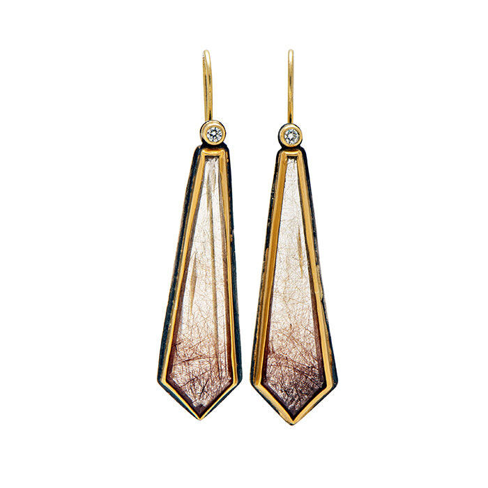 Rutilated quartz and diamond earrings in sterling and gold