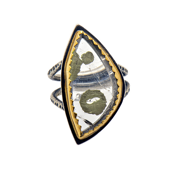 Pyrite in quartz ring in sterling and 22k gold, size 9