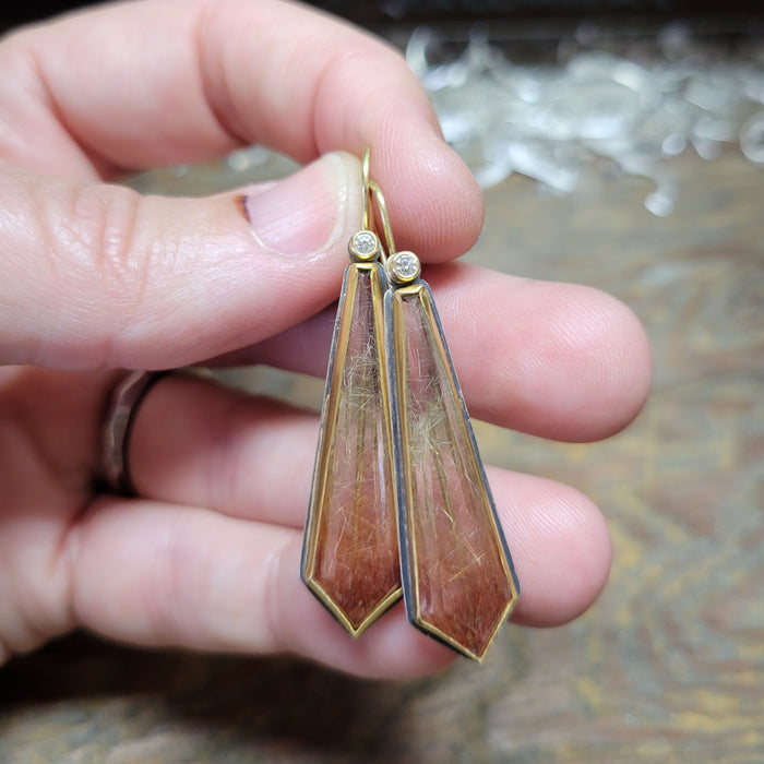 Rutilated quartz and diamond earrings in sterling and gold