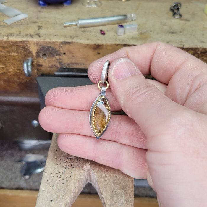 Rutilated quartz charm, sterling and 22k + 18k gold