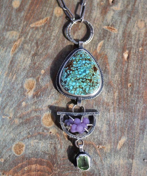 Statement Necklace - #8 Turquoise, Botryoidal Chalcedony & Peridot Faceted Crystal