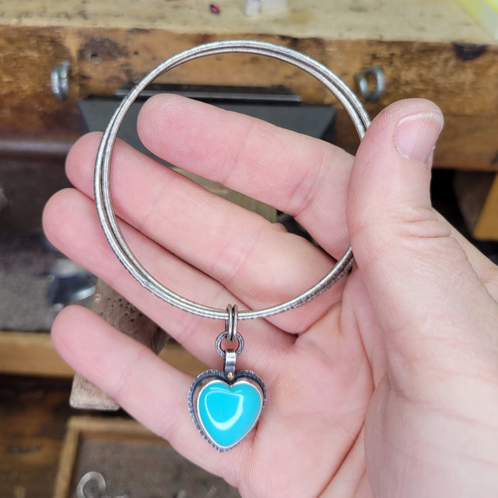 Turquoise charm on double bangle, sterling with 14k accent