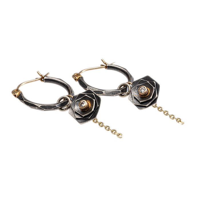 Hoop Earrings With Diamond Flower Charms, 14K Gold & Sterling Silver