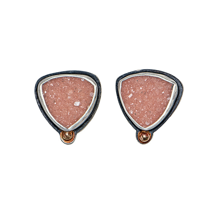 Natural druzy post earrings, sterling with 14k gold